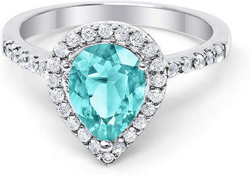 Halo Teardrop Filigree Ring Simulated Paraiba Tourmaline CZ 925 Sterling Silver